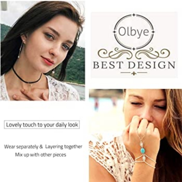 Olbye Turquoise Ring Bracelet Dainty Silver Flower Harness Bangle Chain 🐼🐼🐼 - Picture 4 of 5